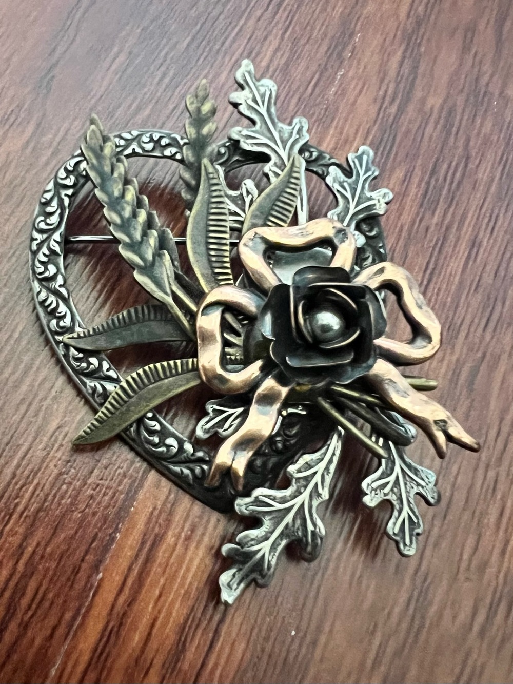 Antique-Style Mixed Metals- Bronze, Copper & Silver Floral Heart Brooch